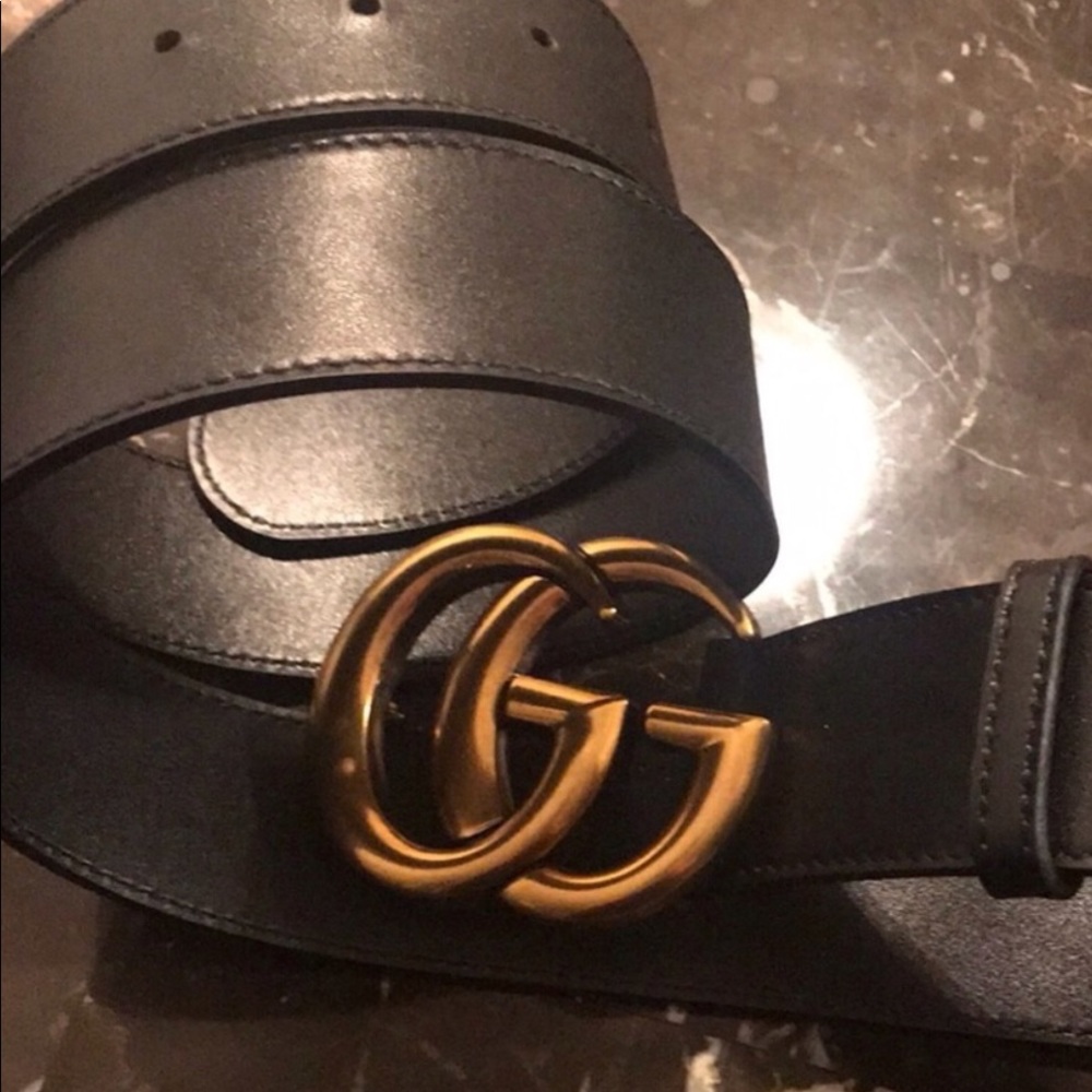 Black Leather Belt with Gold Double-G Buckle